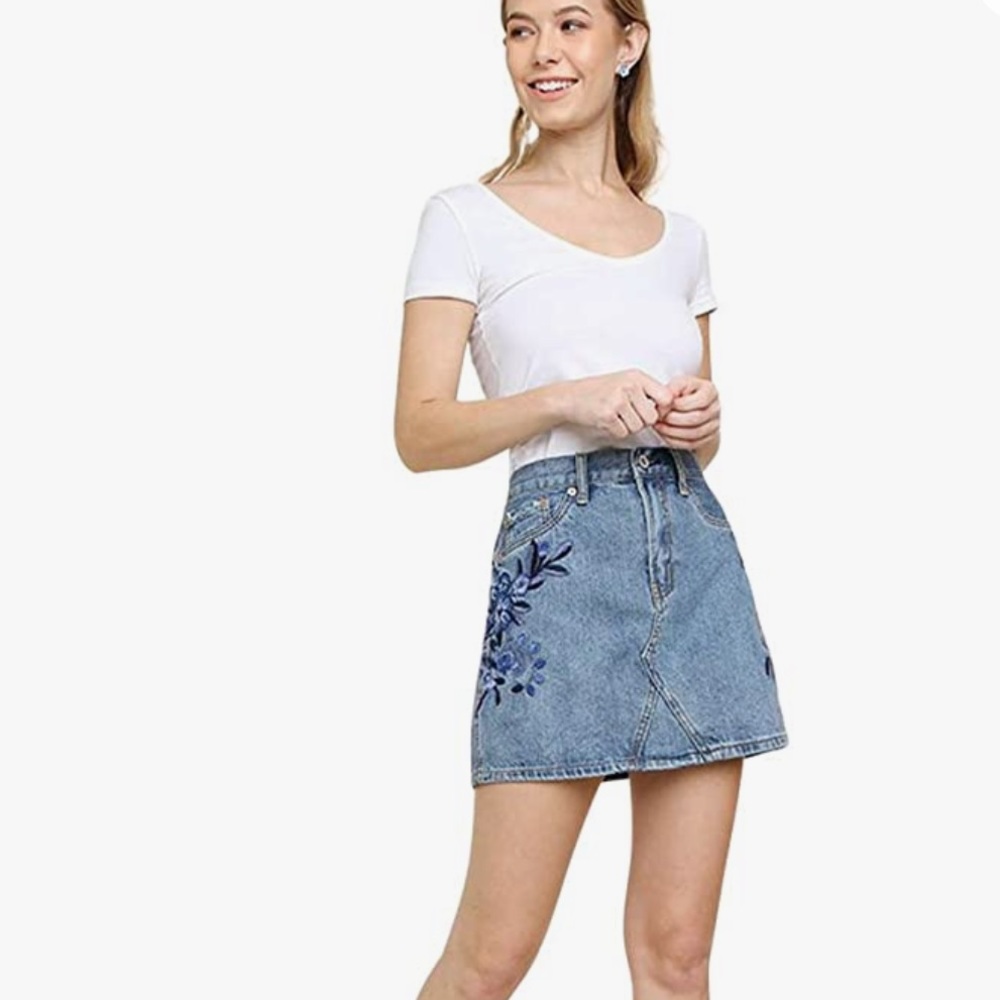 Umgee Women's Floral Embroidered Denim Mini Skirt